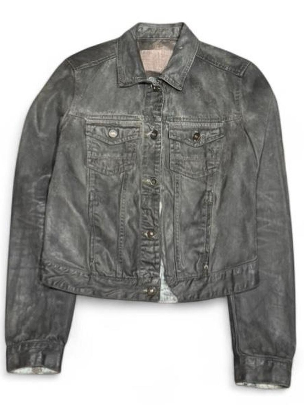 Y2K Waxed Faded Black Slim Fit Cropped Denim Jacket